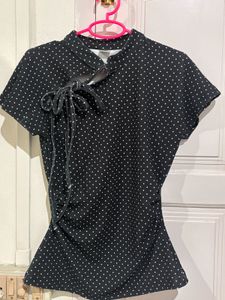 Black Polka Dot Blouse with Tie Detail