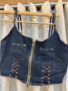 Denim Vest with White Blouse Set