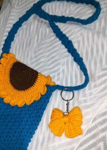 Handmade Crochet Blue Bag with Sunflower