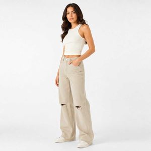 Trendy Beige Wide Leg Jeans with Rips