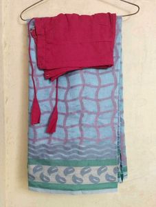 🌼Light Blue Saree with Pink Blouse Piece🌼
