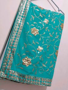 Turquoise Saree with Gold Embroidery