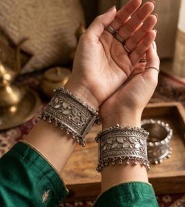 Boho Silver Mirror Work Bangles
