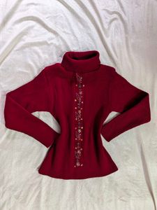 Maroon Turtleneck Sweater with Butterfly Detail