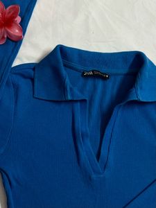 ZARA Blue Collared Crop Top