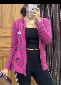 Pink &amp; Grey Striped Zip-Up Hoodie