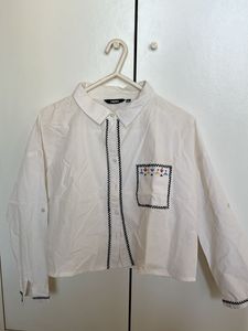 White Cropped Shirt with Embroidered Pocket