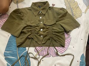 Chic Olive Green Ruched Crop Top