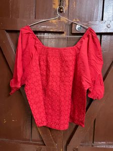 Red Eyelet Puff Sleeve Top