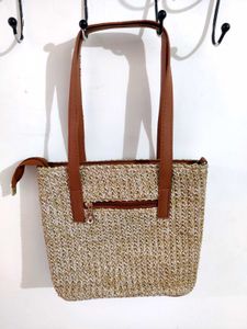 Woven Tote Bag with Faux Leather Accents