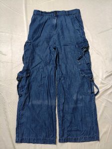 Trendy Beige Ribbed Cami Top + Blue Wide Leg Cargo