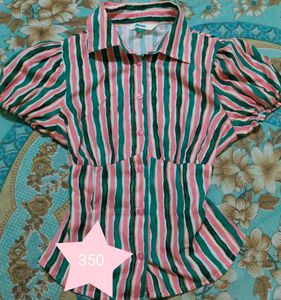 Striped Puff Sleeve Button-Up Top