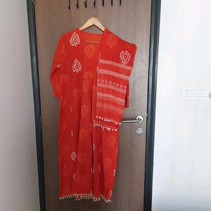 Orange Block Print Kurta Set with Dupatta