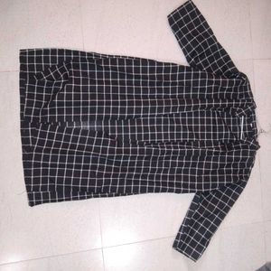 Chic Checkered Shrug with Gray Dress