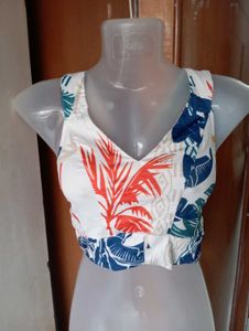 V-Neck Tropical Print Crop Top