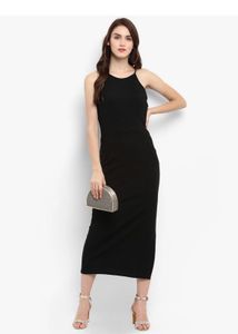 Elegant Black Halter Neck Midi Dress