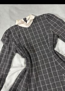 Chic Grey Plaid Long Sleeve Dress