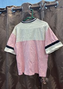 Off white And Pink Down Shoulder Tshirt