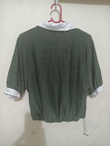 Green Eyelet Cropped Collared Top