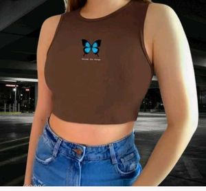 Brown Butterfly Graphic Crop Tank Top