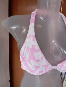 Pink Leaf Print Halter Bikini Top