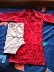 Men's Red Kurta with White Pajama Set
