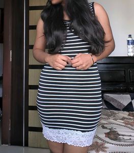 Striped Bodycon Dress with Lace Trim