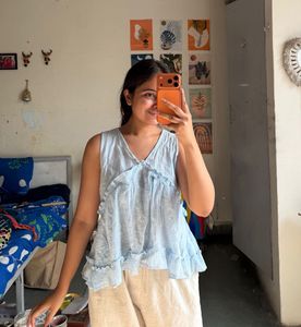 Blue Ruffled Sleeveless Top