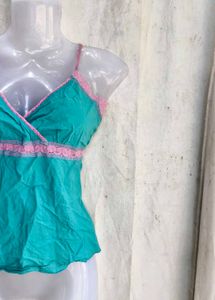 Turquoise Cami Top with Pink Lace Trim