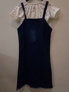 Girls Denim  Dress with Polka Dot T-Shirt