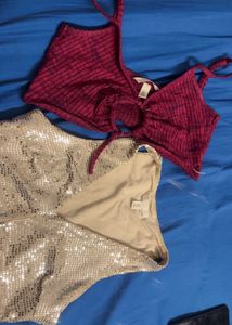 Sparkly Silver & Burgundy Crop Tops combo ❤️✨