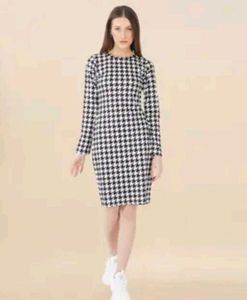 Houndstooth Print Long Sleeve Dress