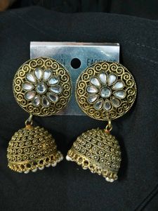 Gold Jhumka with White Stones
