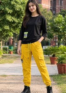 Stylish Black Top & Yellow Cargo Pants