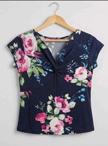 Navy Floral Twist Front Cap Sleeve Top