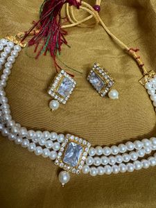 Pearl Choker Necklace with Earrings Set