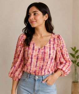 Boho Print V-Neck Puff Sleeve Top