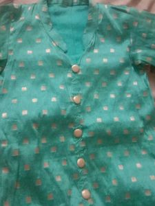 Green Kurta with Golden Square Print