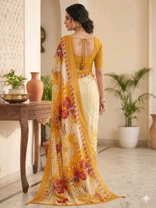 "Golden Yellow Georgette Saree with Floral Print &amp;