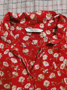 Red Floral Print Button-Up Top