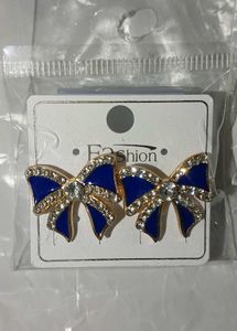 Cute Blue Bow Earrings with Rhinestones