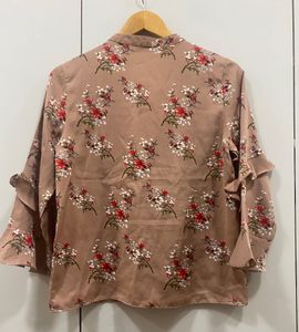 Madame Women Brown Floral Print Tie-Up Neck Top