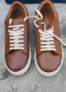 "AJIO Brown Leather Sneakers