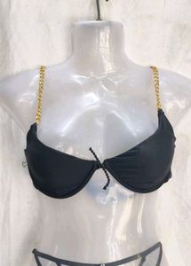 I. Chic Black Bikini Top with Gold Chain Straps