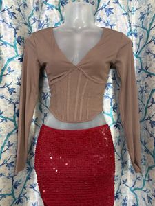 Taupe Corset Style Long Sleeve Top