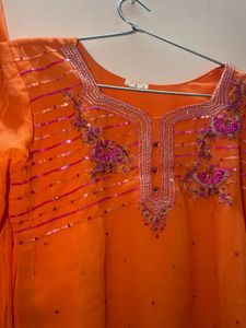 Orange &amp; Pink Ombre Kurta Set with Embellishments