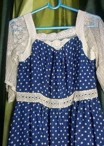 Blue Polka Dot Lace Trim Dress