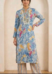 New Blue Floral Print Kurta with Palazzo Set