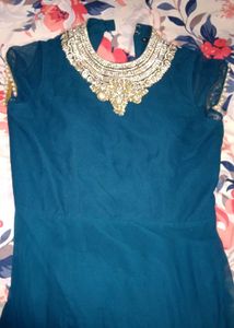 Stunning Teal Anarkali Gown with Embellished Neckl