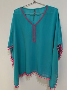 Blue Kaftan Top with Pink Pom Poms
